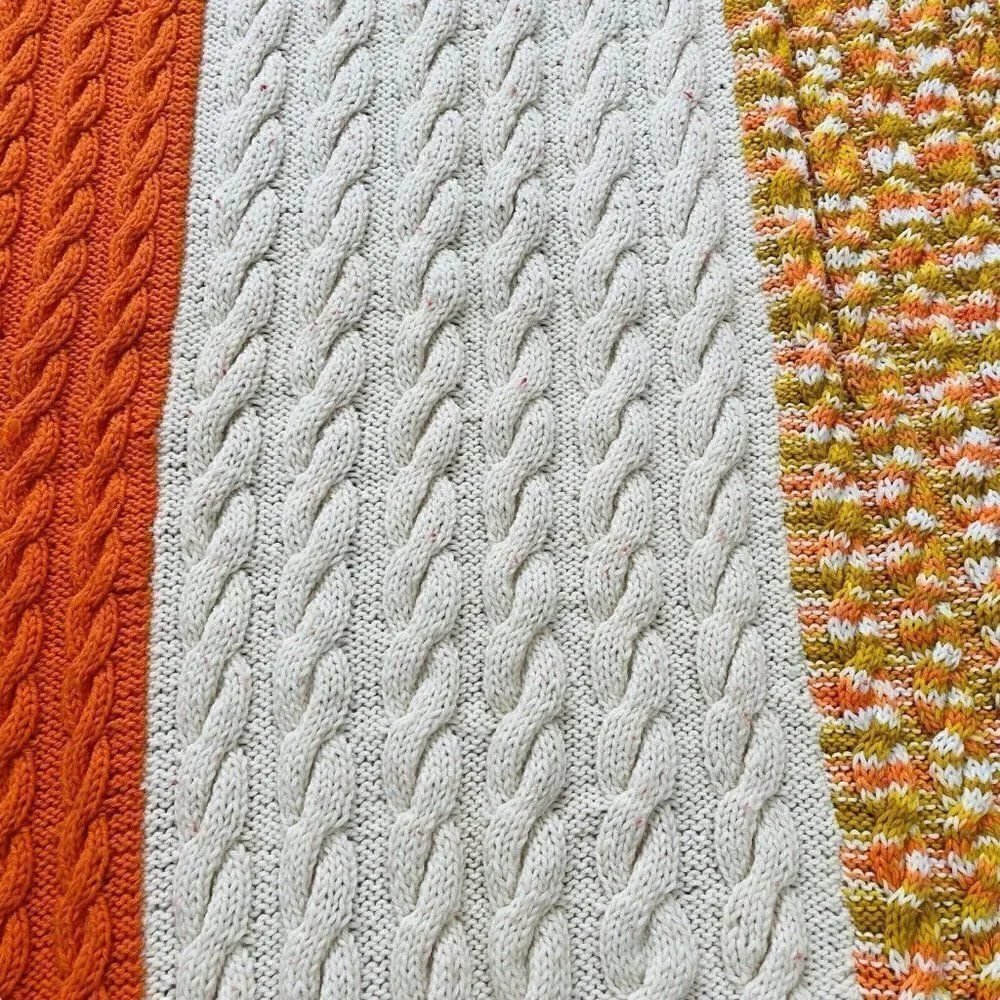 Vintage 1970s Cable Knit Handmade Afghan Throw Blanket Orange Cream Gold 67